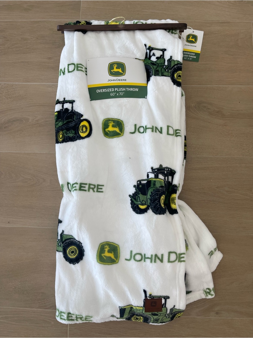 John Deere White Plush Throw with Green & Yellow Tractor Motif 60” x70” NWT